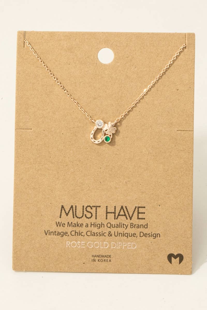 Gold Dipped Horseshoe and Clover Pendant Chain Necklace: Silver
