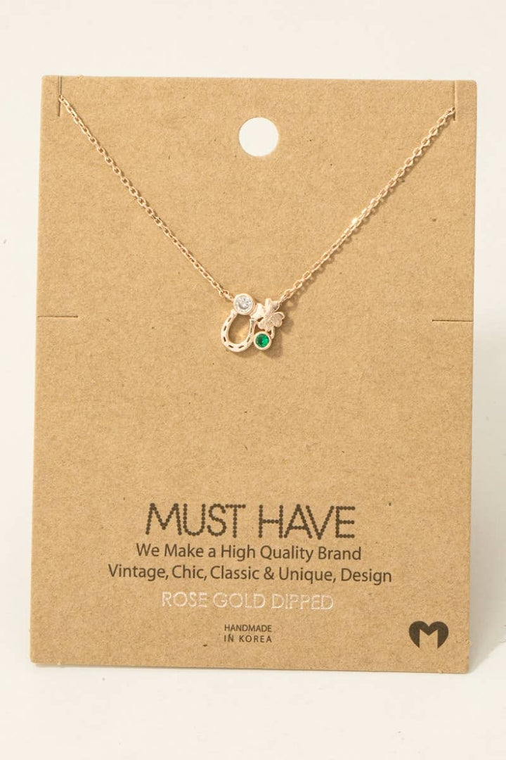Gold Dipped Horseshoe and Clover Pendant Chain Necklace: Silver