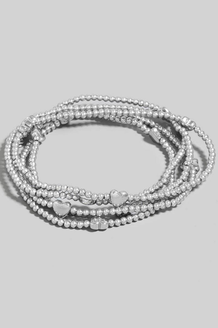 Metallic Heart Charms Beaded Bracelet Set: Gold