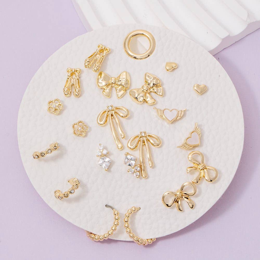 10 Piece Mixed Ribbon Bows Stud And Hoop Earrings Set: Gold