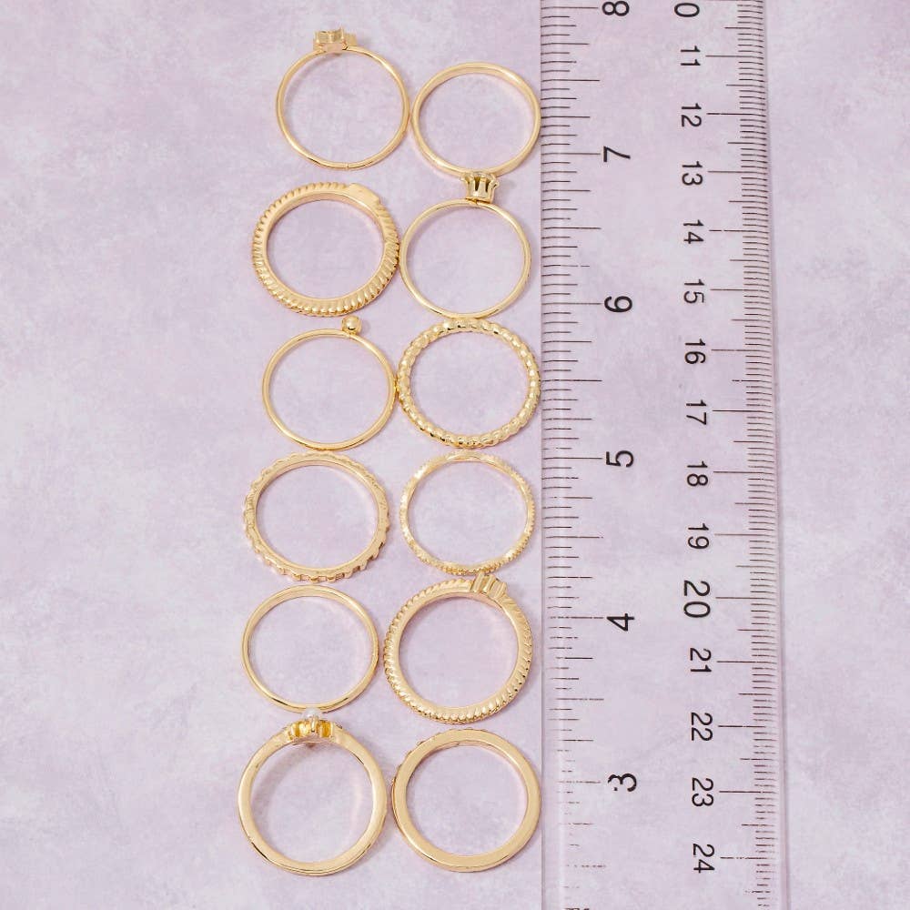Twelve Piece Assorted Rhinestone Star Ring Set: Gold