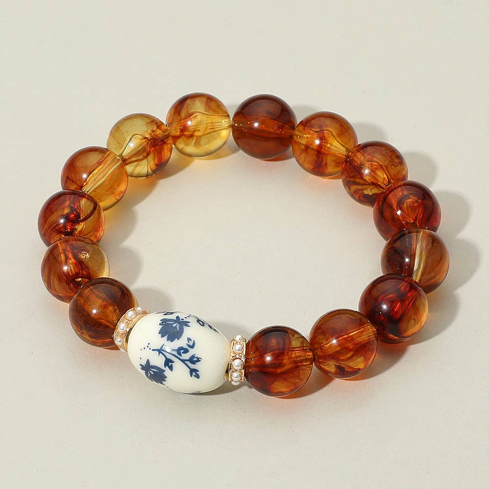 Floral Ceramic Oval Ball Beaded Stretch Bracelet