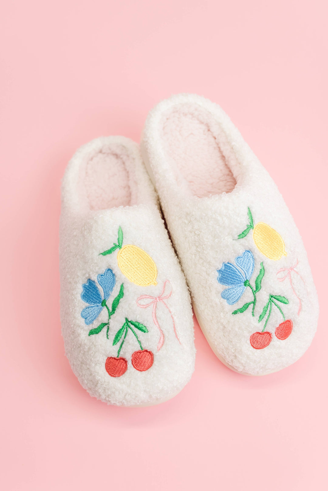 Fuzzy Plush Slippers with Fruit Cocktail Embroidery: Small