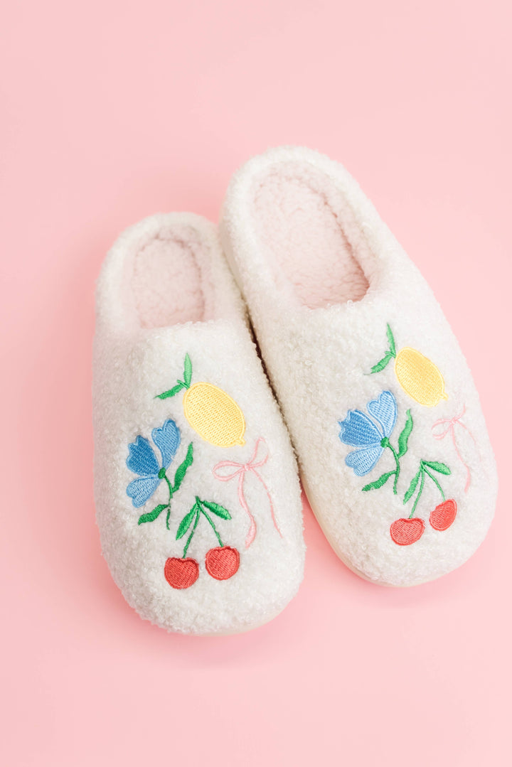 Fuzzy Plush Slippers with Fruit Cocktail Embroidery: Small