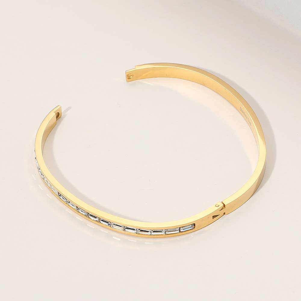 Baguette Stone Paved Hinged Bangle Bracelet: Gold