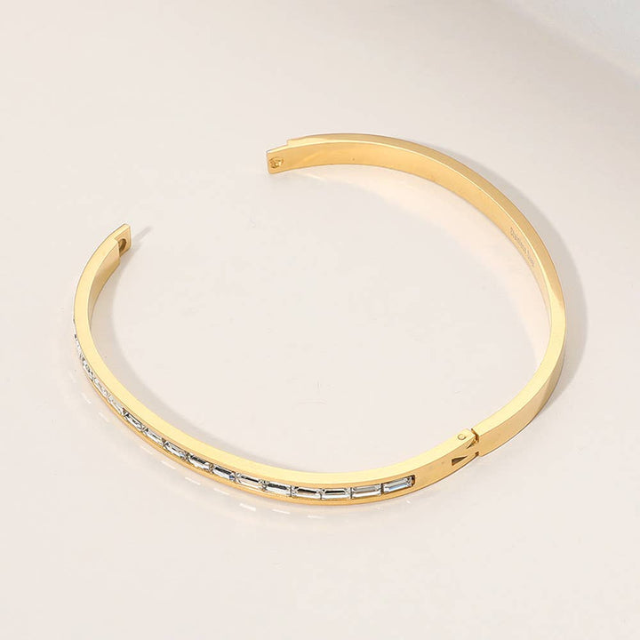 Baguette Stone Paved Hinged Bangle Bracelet: Gold