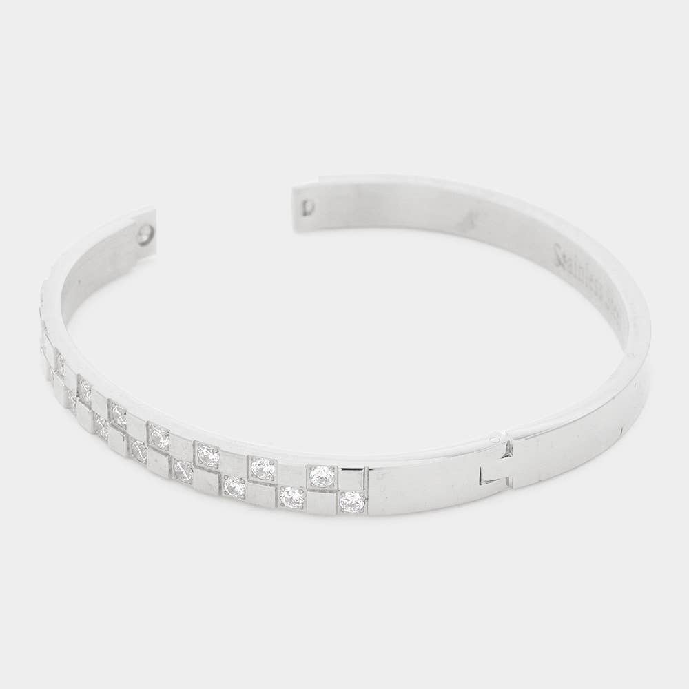 CZ Embellished Stainless Steel Bangle Evening Bracelet: Silver