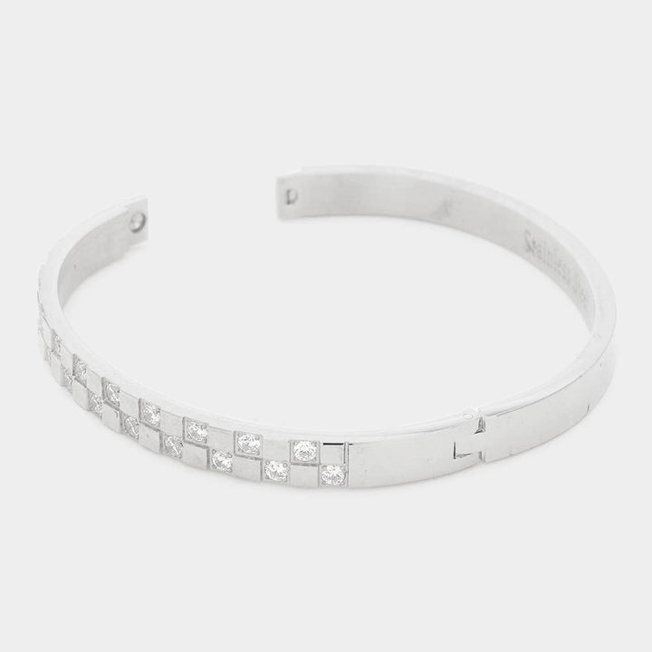 CZ Embellished Stainless Steel Bangle Evening Bracelet: Silver