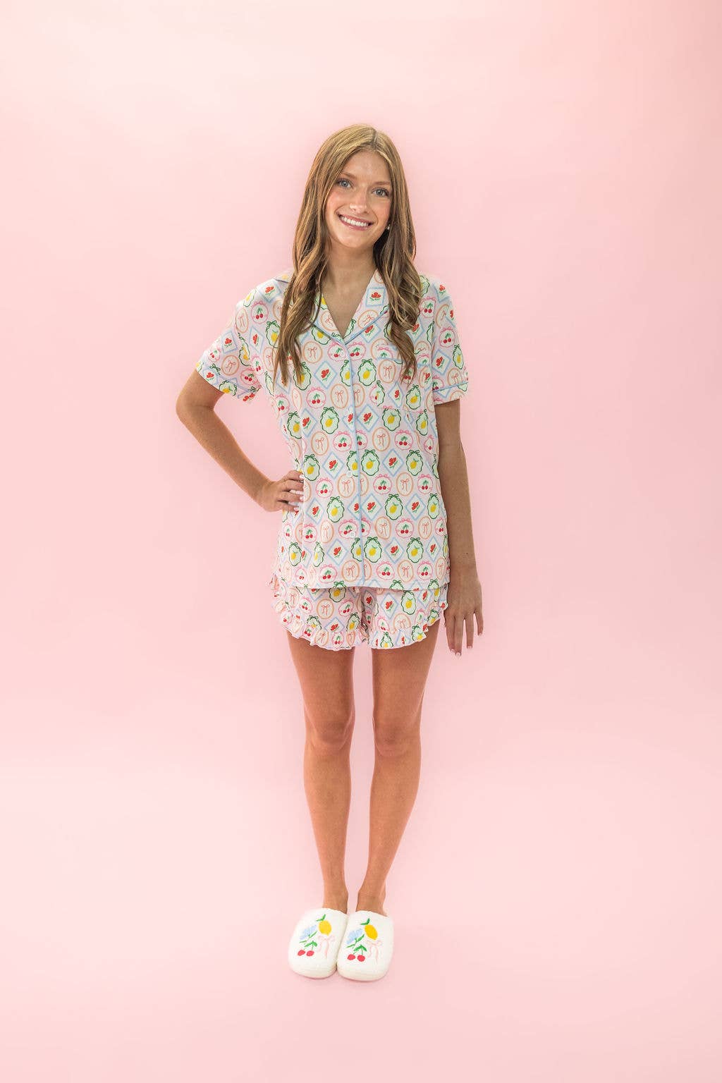 Fruit Cocktail Ruffle Hem Shorts Pajama Set: XL
