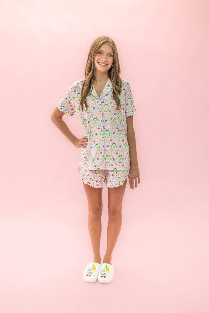 Fruit Cocktail Ruffle Hem Shorts Pajama Set: XL