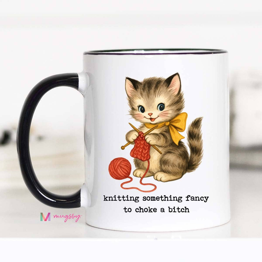 Knitting Something Fancy Funny Cat Mug for Makers: 11oz / Black rim/handle