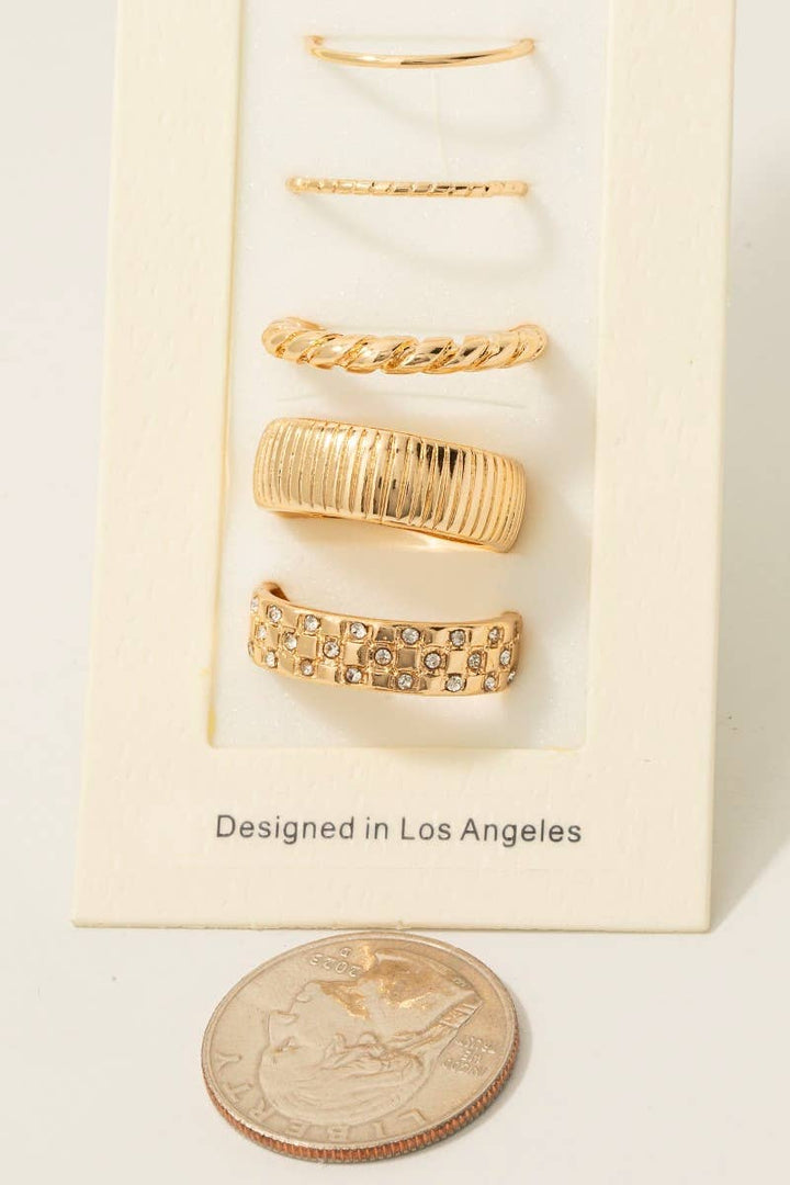 5 Piece Mixed Band Rings Set: Gold