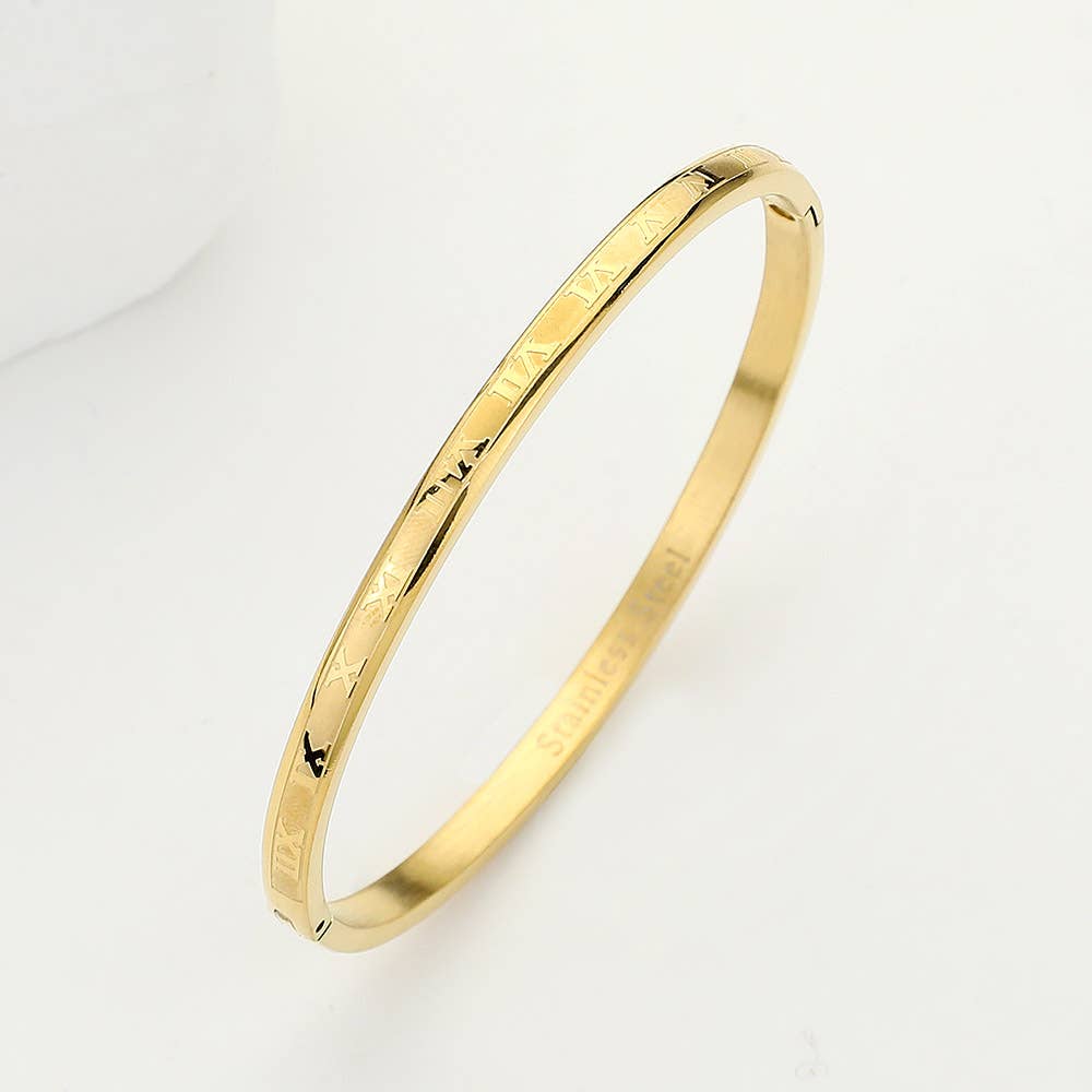 Roman Numerals Hinged Bangle Bracelet: Gold
