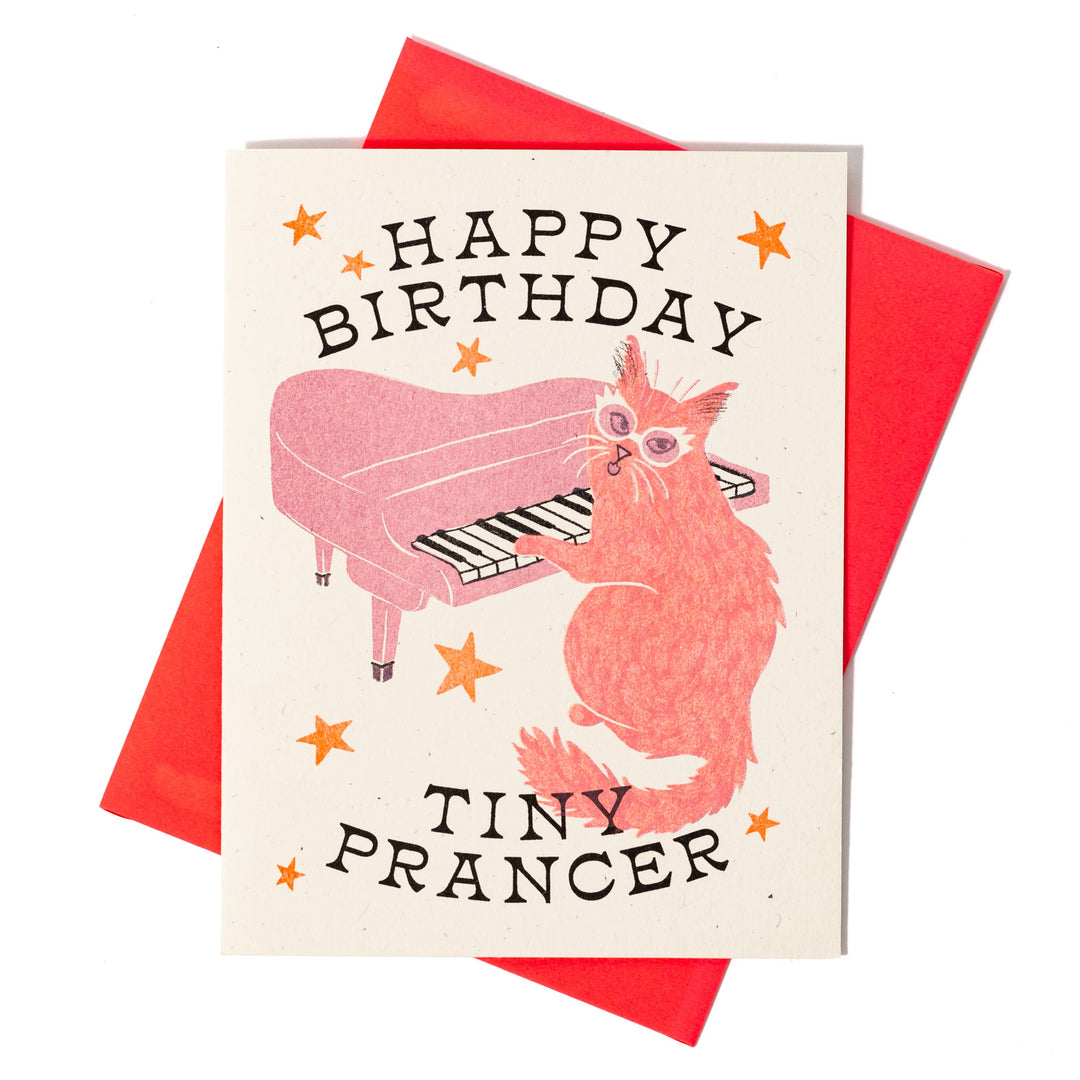 Happy Birthday Tiny Prancer Cat - Risograph Card