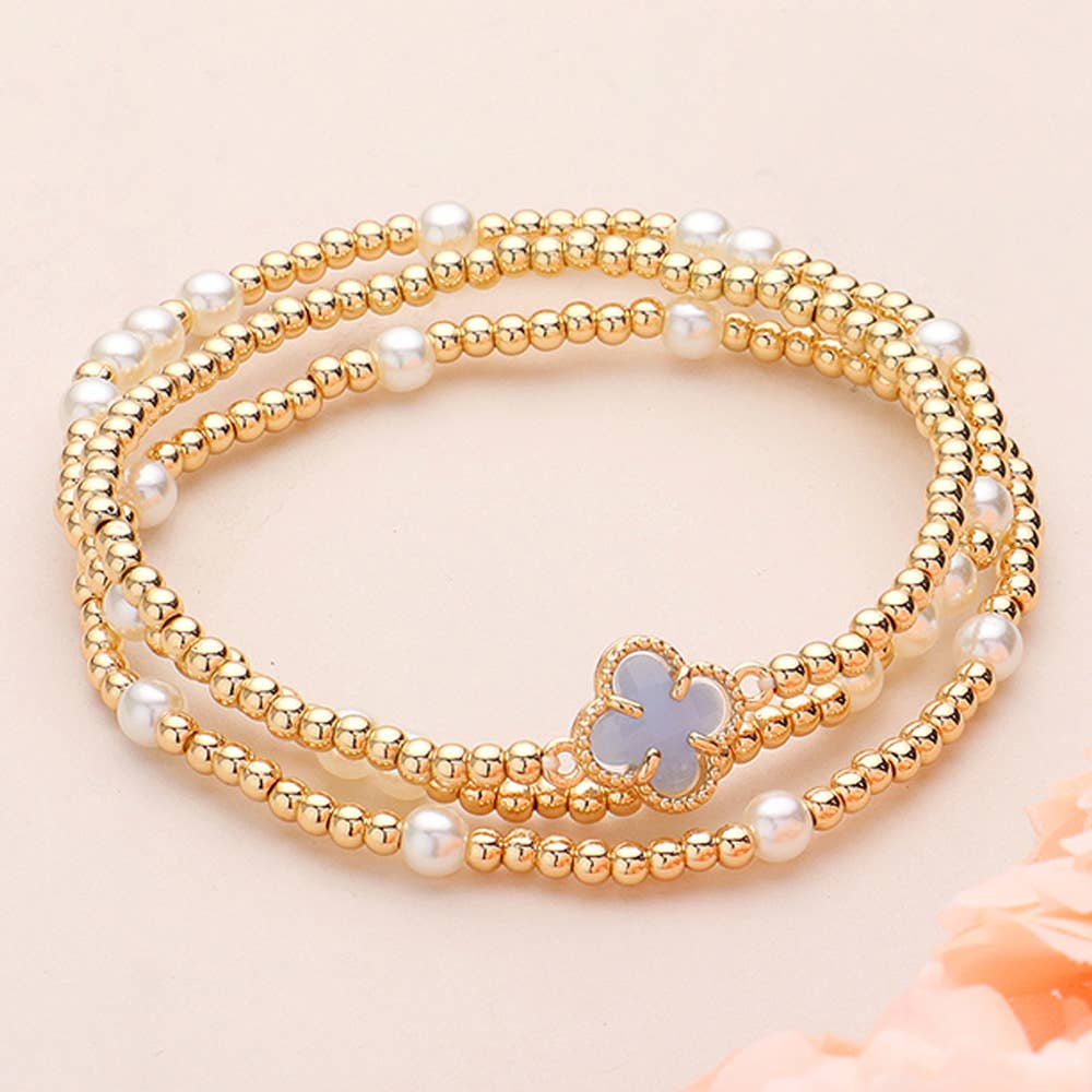 3PCS - Quatrefoil Pearl Metal Ball Beaded Stretch Bracelets: White