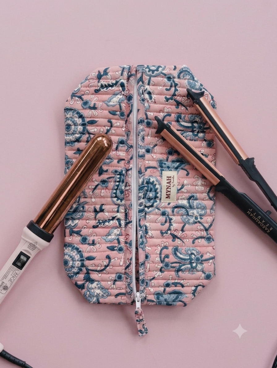 Mynah Hand-Block Printed Quilted Hair Tool Bag/Dyson travel