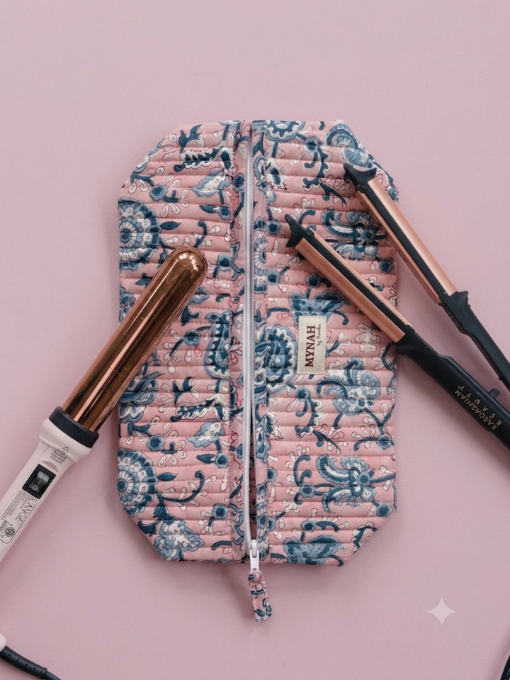 Mynah Hand-Block Printed Quilted Hair Tool Bag/Dyson travel