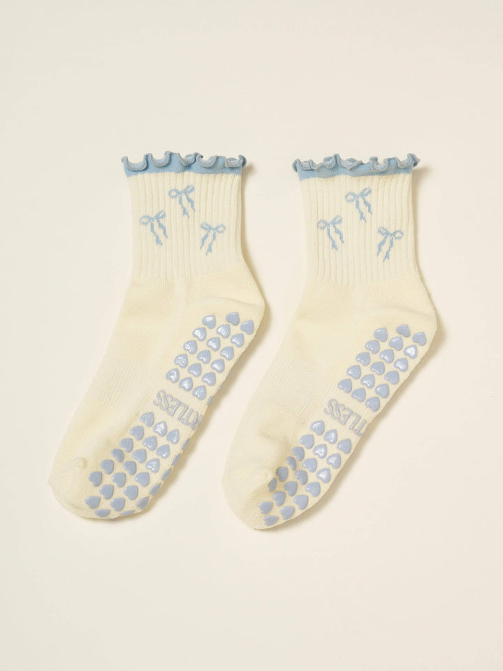Bow Ruffle Grip Sock: Dusty Blue