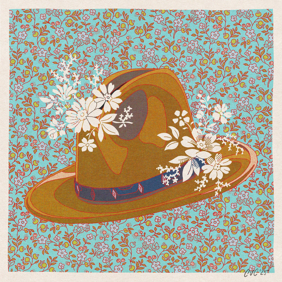 8"x8" Brown and Teal Cowboy Hat Floral Art Print: 8"x8"