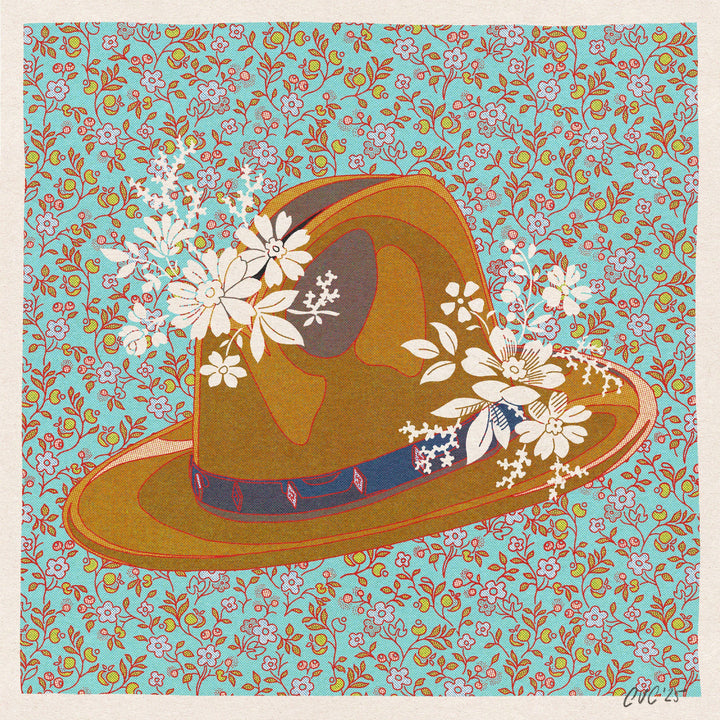 8"x8" Brown and Teal Cowboy Hat Floral Art Print: 8"x8"