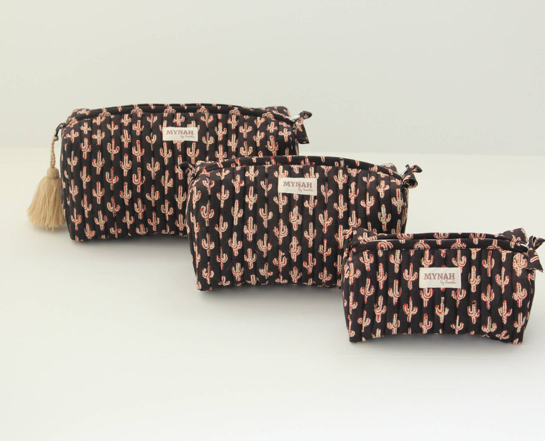 Quilted hand block print floral travel make-up bag