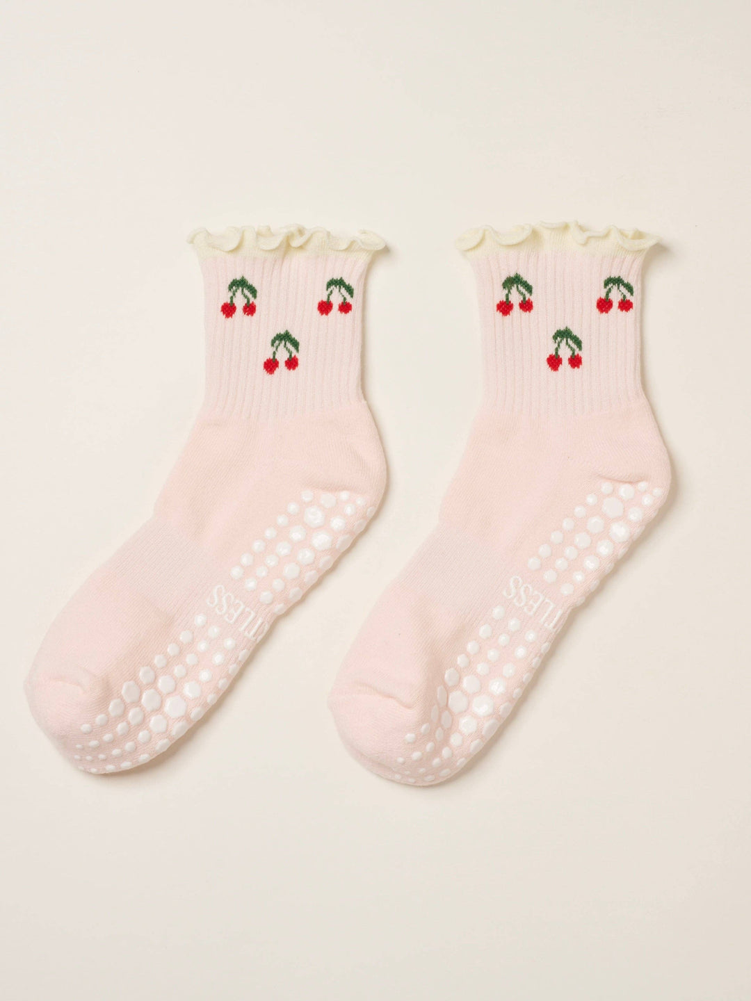 Cherry Ruffle Grip Sock: Baby Pink