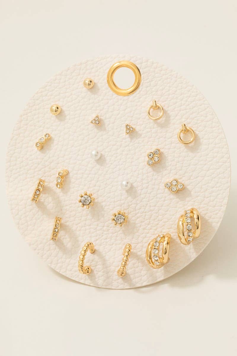 Mixed Pearl And Gem Stud And Hoop Earrings Set: Gold