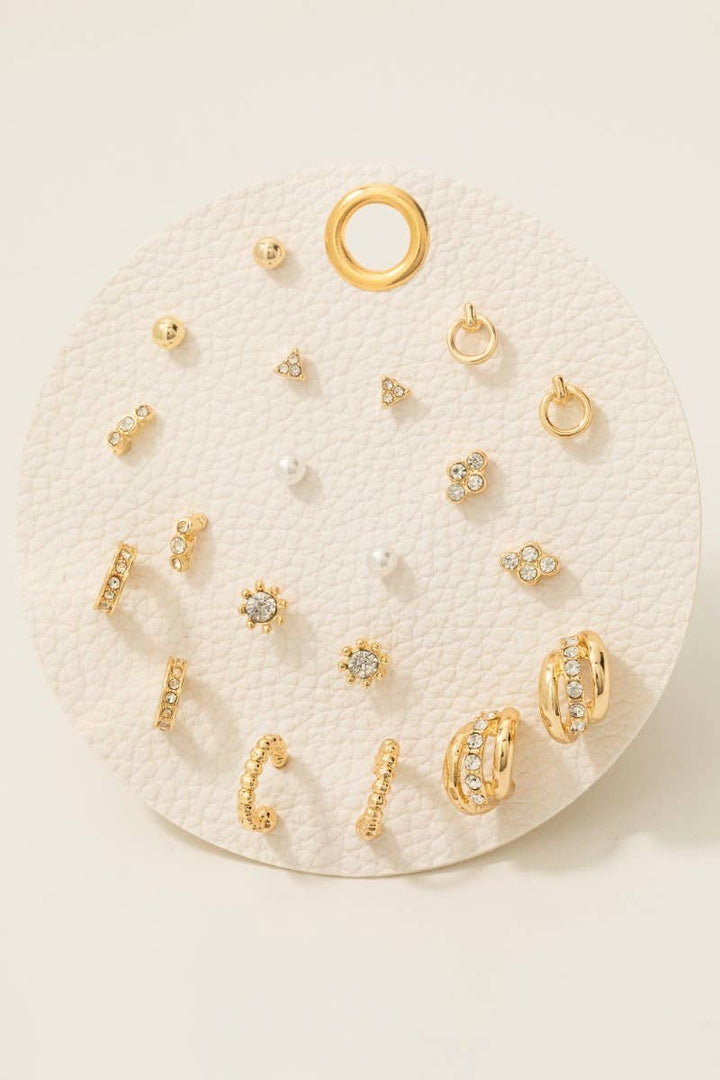 Mixed Pearl And Gem Stud And Hoop Earrings Set: Gold