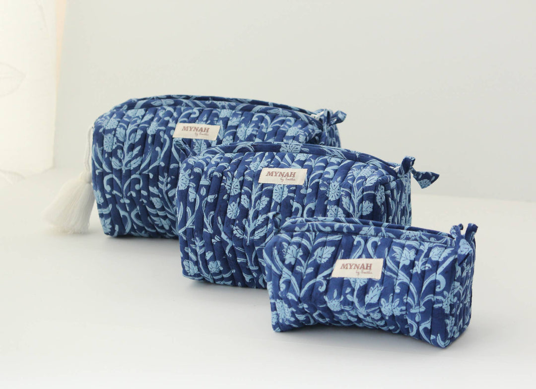 Quilted block print floral travel cosmetic bag