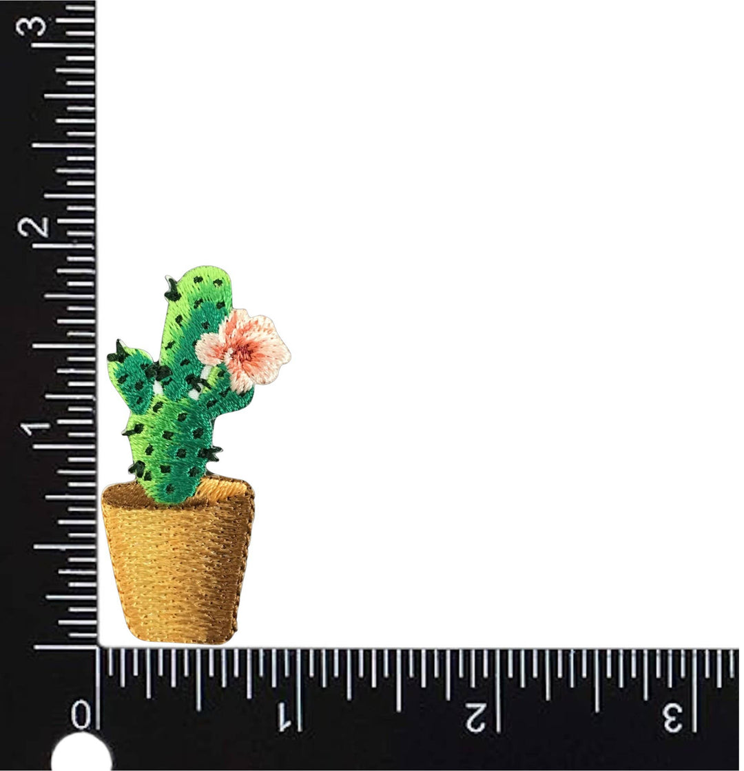 Cactus - Pink Flowers - Brown Pot - Desert Plant - Embroidered Iron on Patch