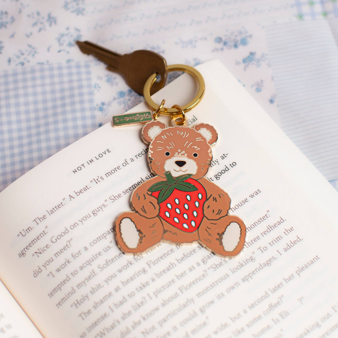 Strawberry Teddy Bear Enamel Keychain