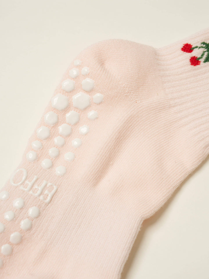 Cherry Ruffle Grip Sock: Baby Pink