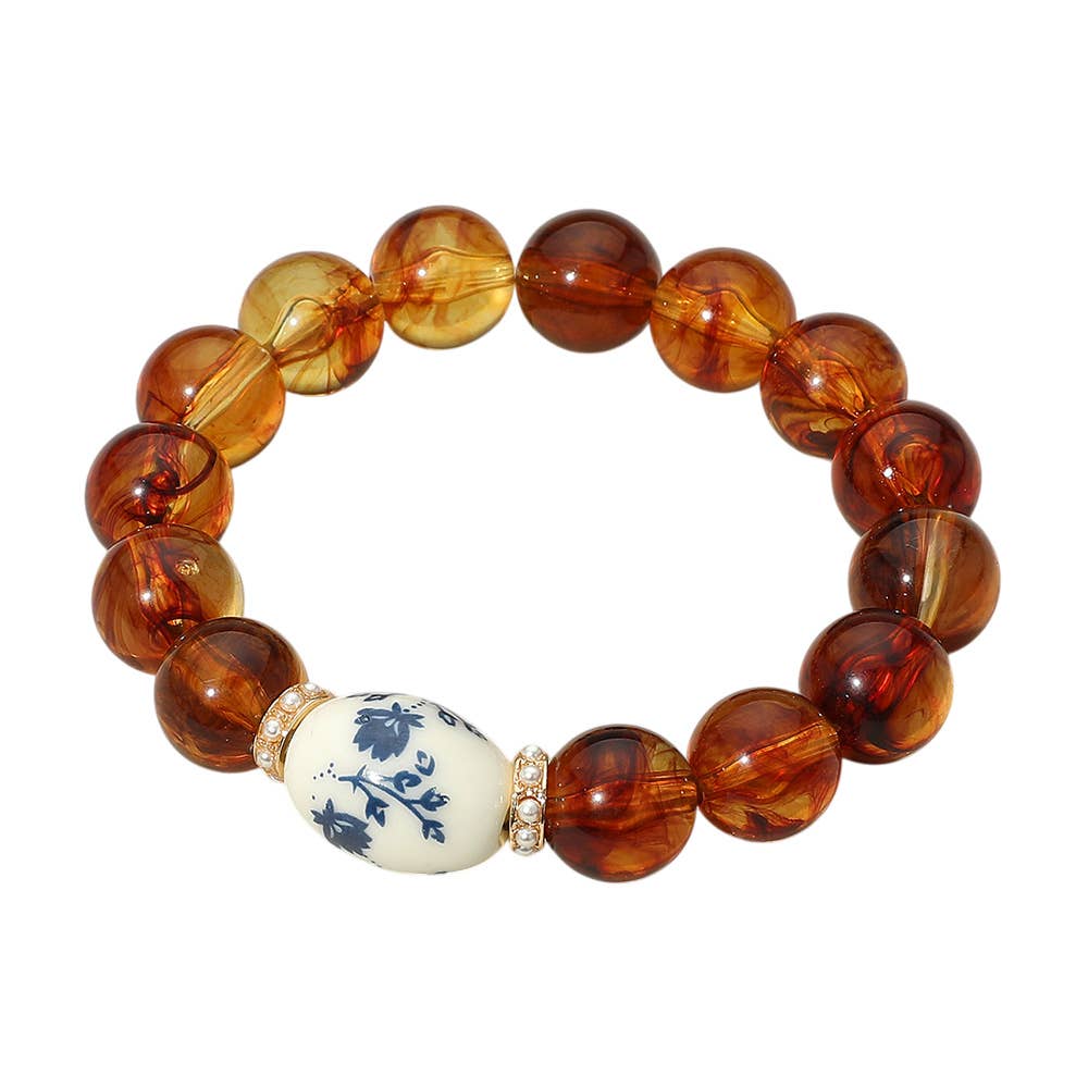 Floral Ceramic Oval Ball Beaded Stretch Bracelet