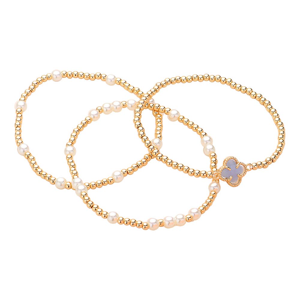 3PCS - Quatrefoil Pearl Metal Ball Beaded Stretch Bracelets: White
