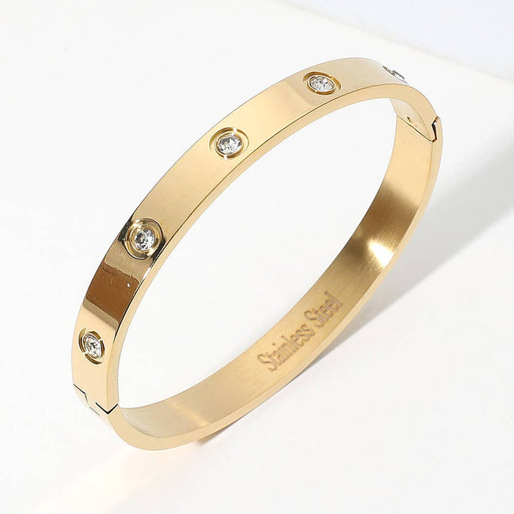 Stone Paved Hinged Bangle Bracelet: Gold