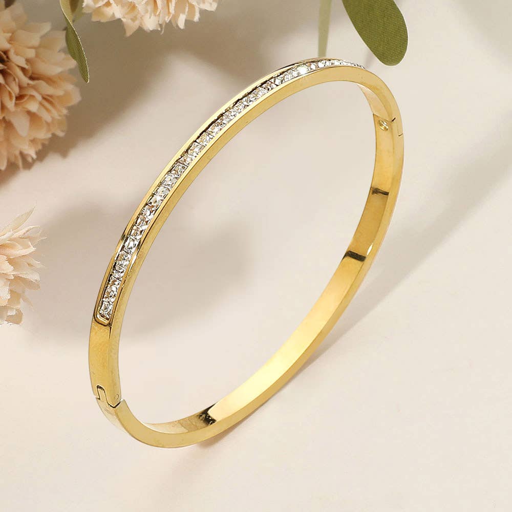SECRET BOX_Stainless Steel Single Row Rhinestone Paved Hinged Bangle Bracelet: Rhodium