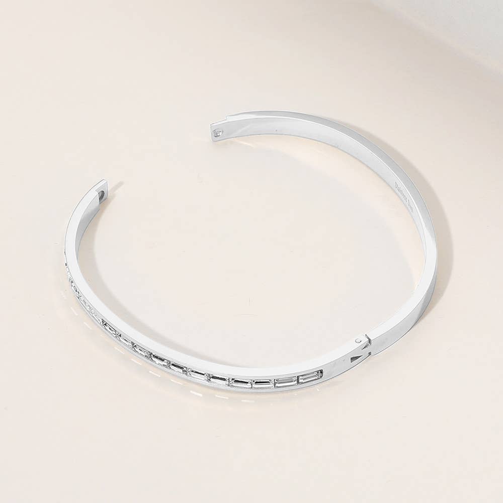 Baguette Stone Paved Hinged Bangle Bracelet: Gold