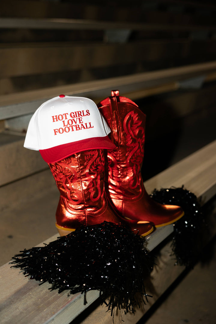 Hot Girls Love Football- Embroidered Hat - Game Day Hat: Red/White- Red Thread