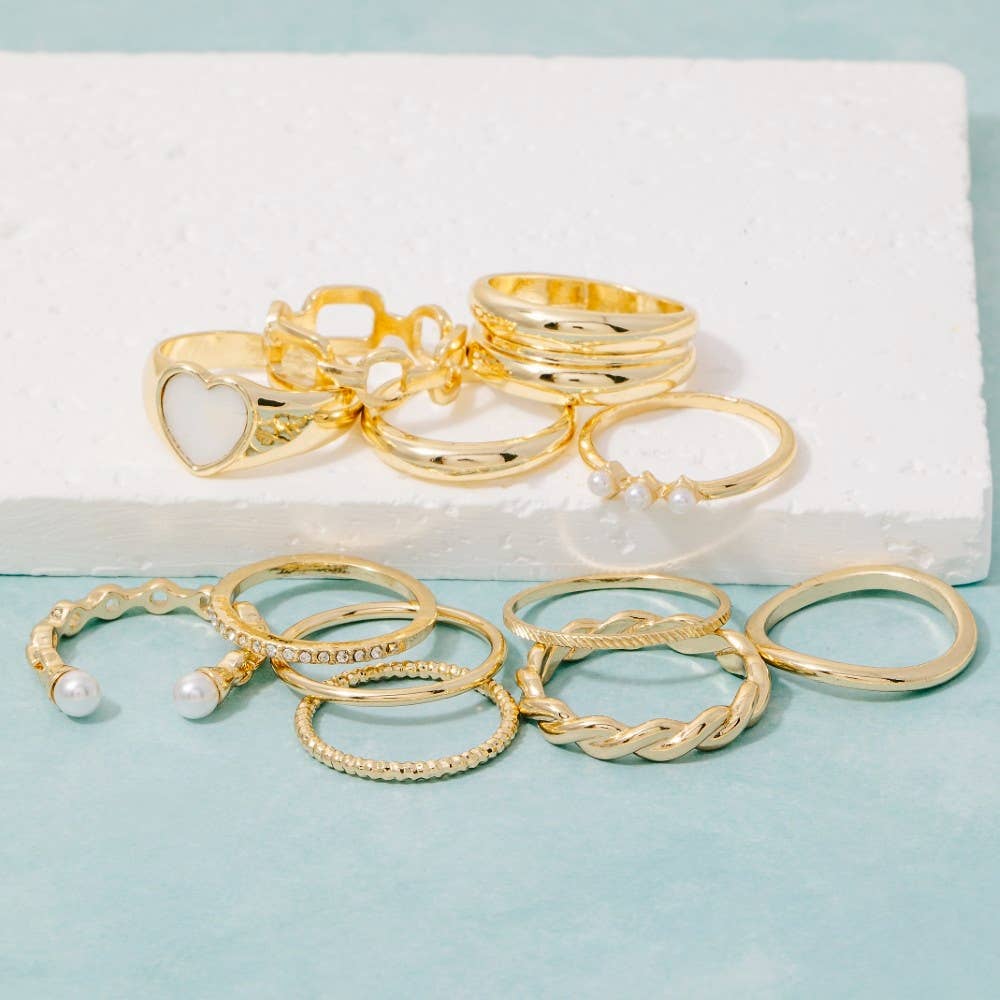 Twelve Piece Assorted Mother Of Pearl Heart Ring Set: Gold