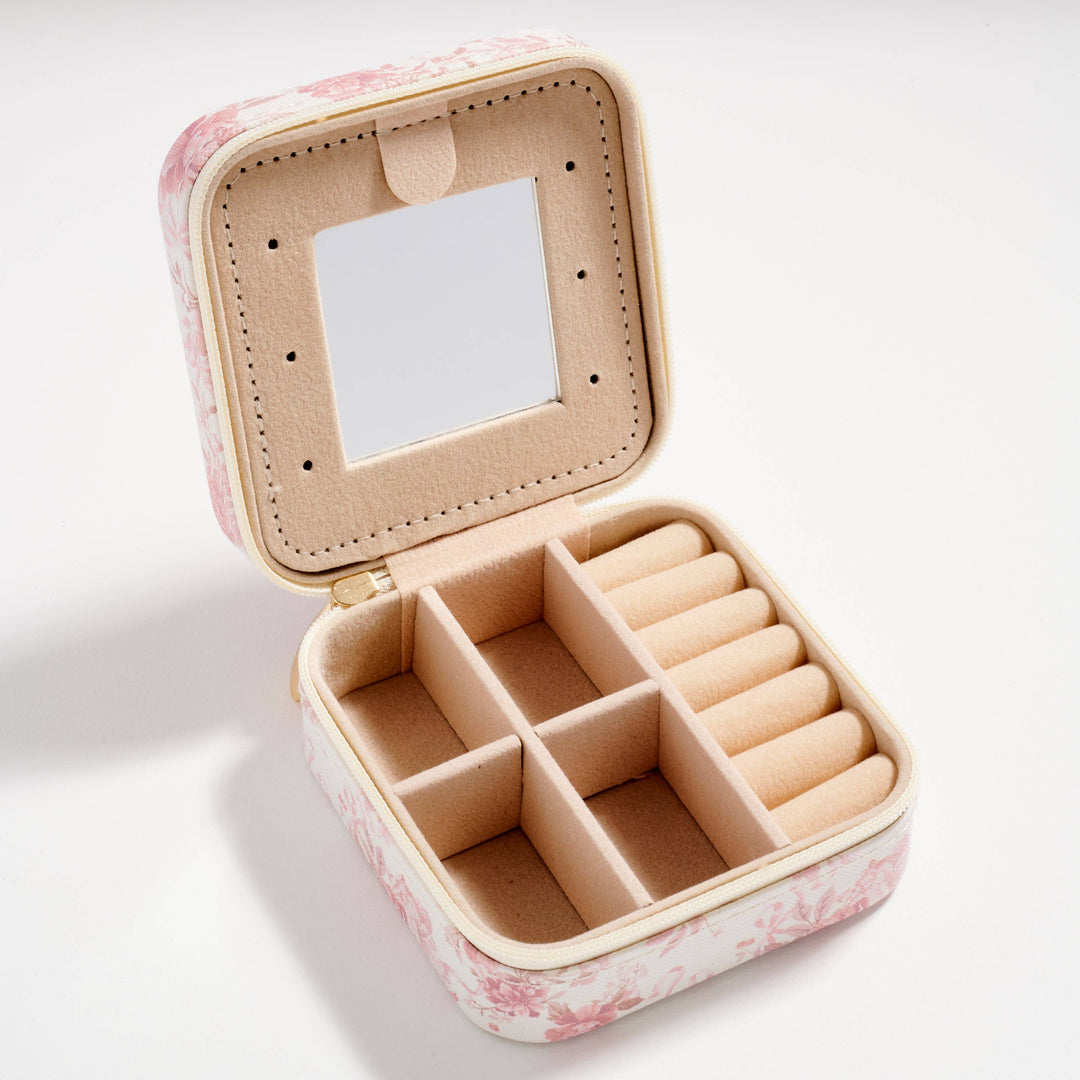 Floral Travel Jewelry Box with Mirror – Compact Organizer for Rings, Earrings & Necklaces: IV / ONE