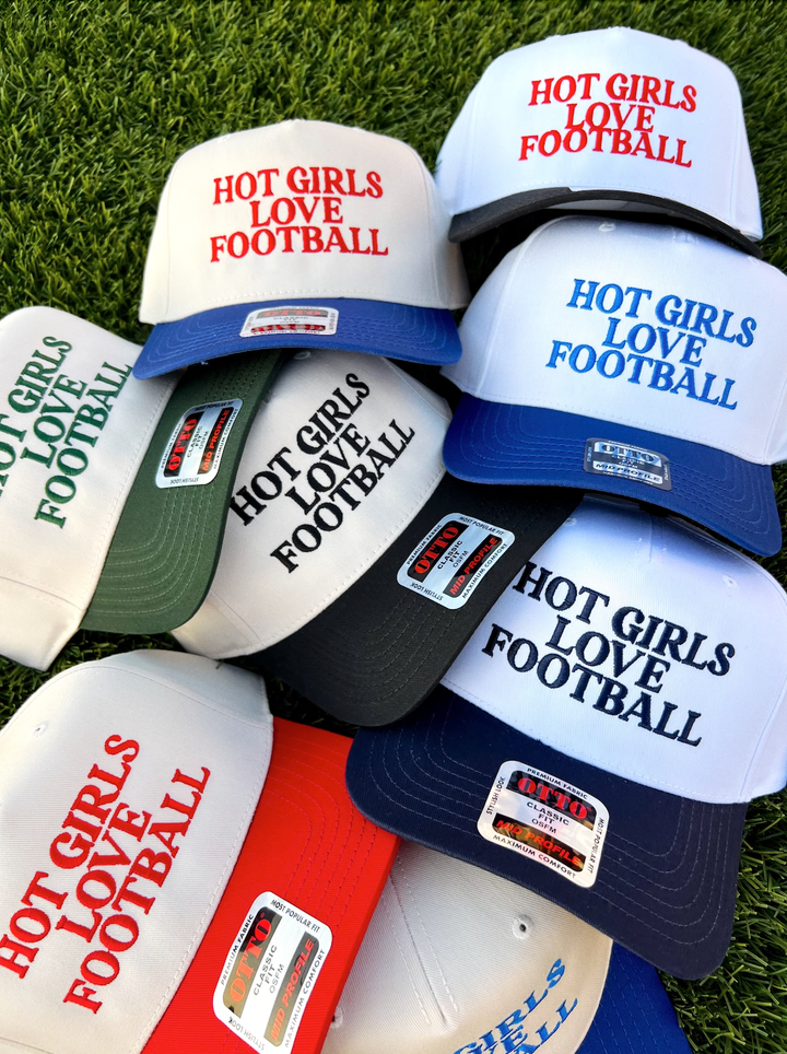 Hot Girls Love Football- Embroidered Hat - Game Day Hat: Red/White- Red Thread