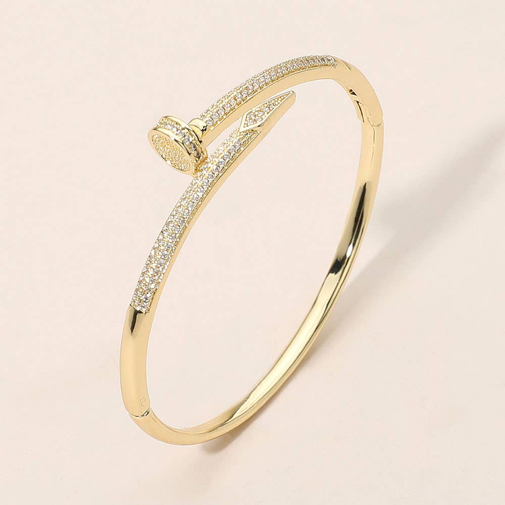 CZ Stone Paved Nailhead Accent Hinged Bangle Bracelet: Rhodium