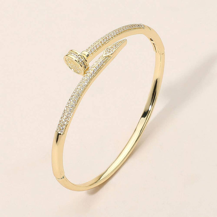 CZ Stone Paved Nailhead Accent Hinged Bangle Bracelet: Rhodium