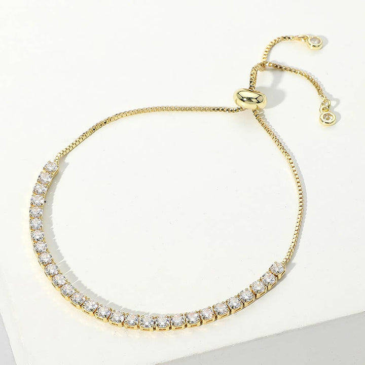 Round CZ Tennis Pull Tie Adjustable Bracelet: Yellow Gold
