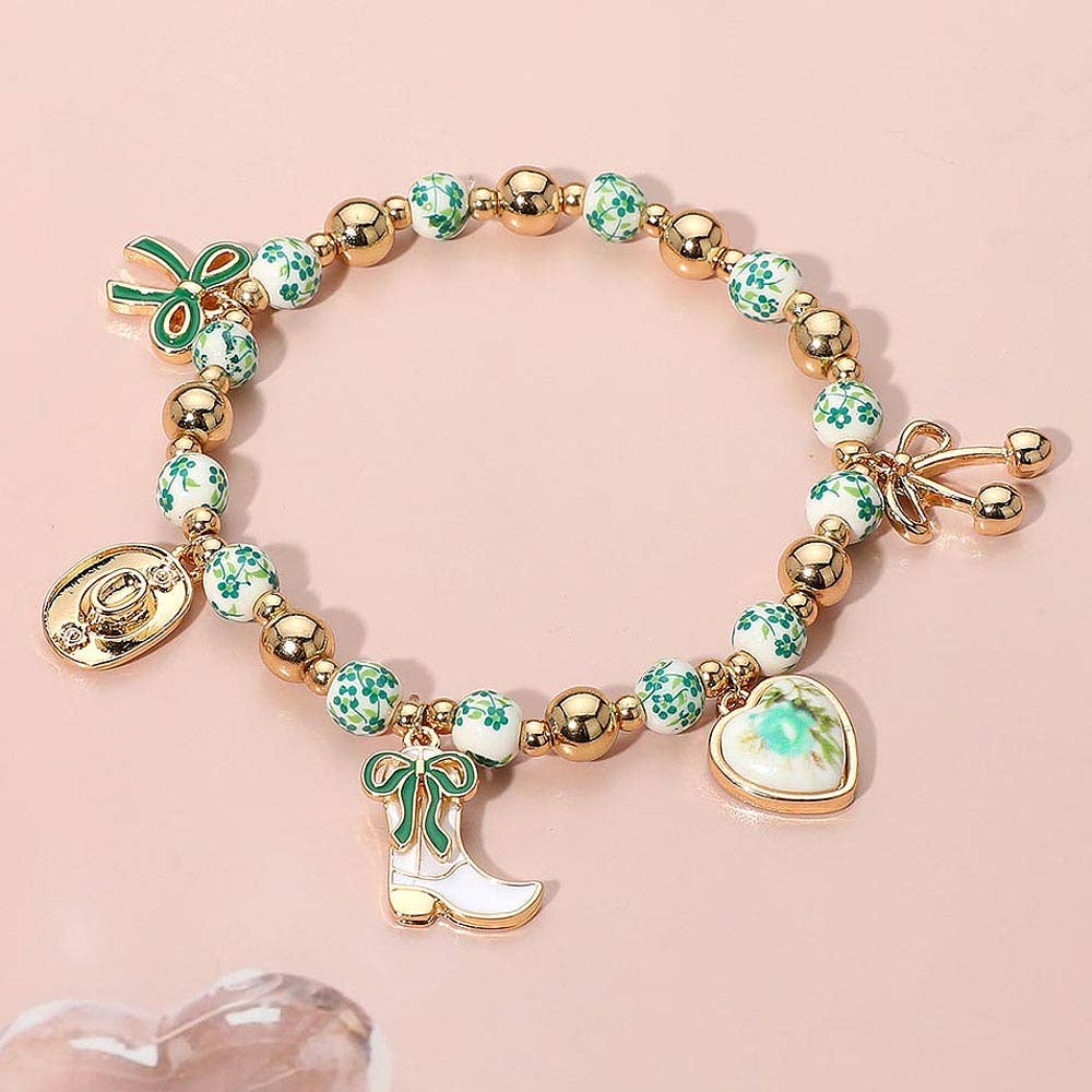 Enamel Bow Western Boot Charm Ceramic Ball Stretch Bracelet: Blue