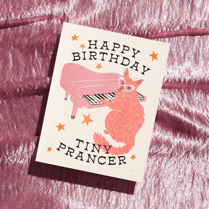 Happy Birthday Tiny Prancer Cat - Risograph Card