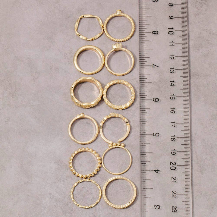 Twelve Piece Assorted Stack Ring Set: Gold