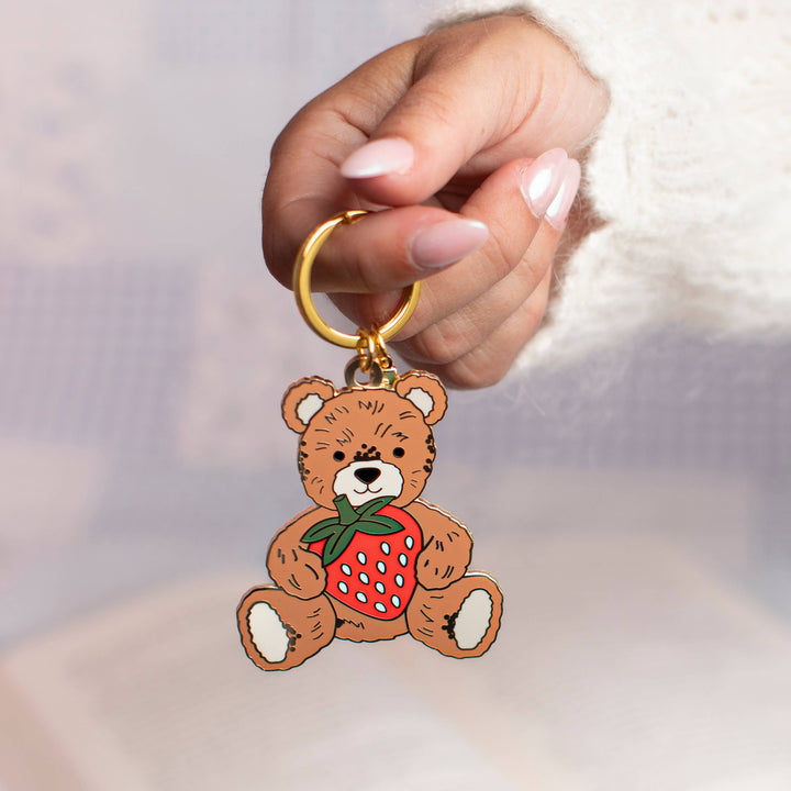Strawberry Teddy Bear Enamel Keychain