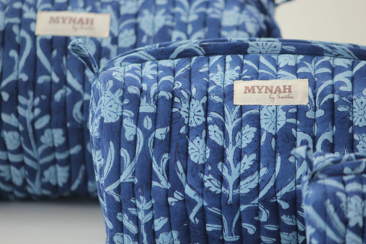Quilted block print floral travel cosmetic bag
