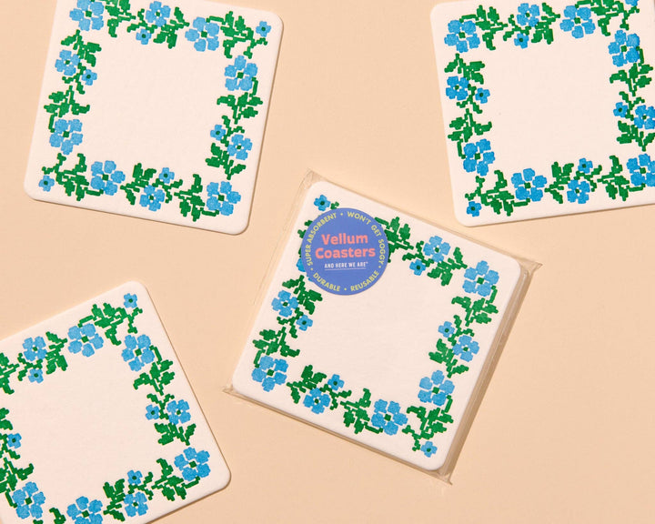 Cross Stitch Flower Vellum Coasters - Blue/Green (Set of 4)